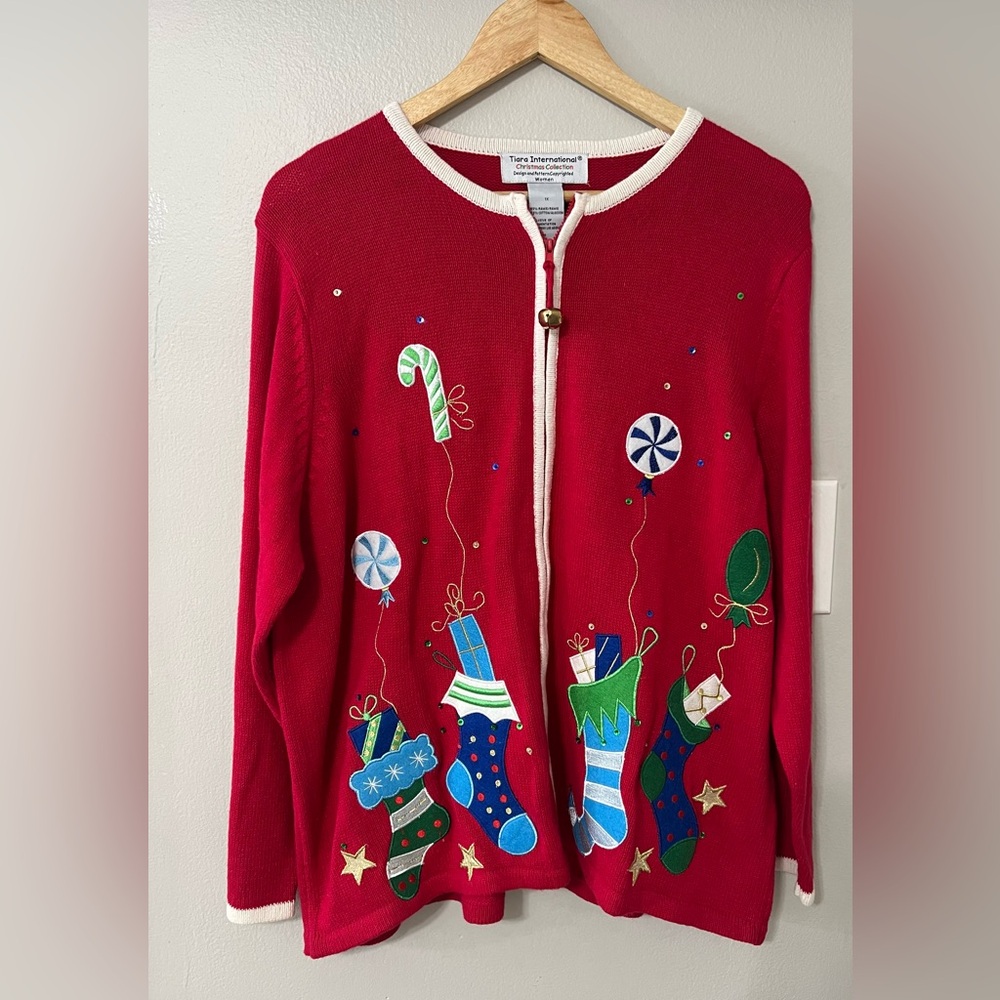 Vintage Tiara International Christmas Collection Stocking Cardigan Sweater XL